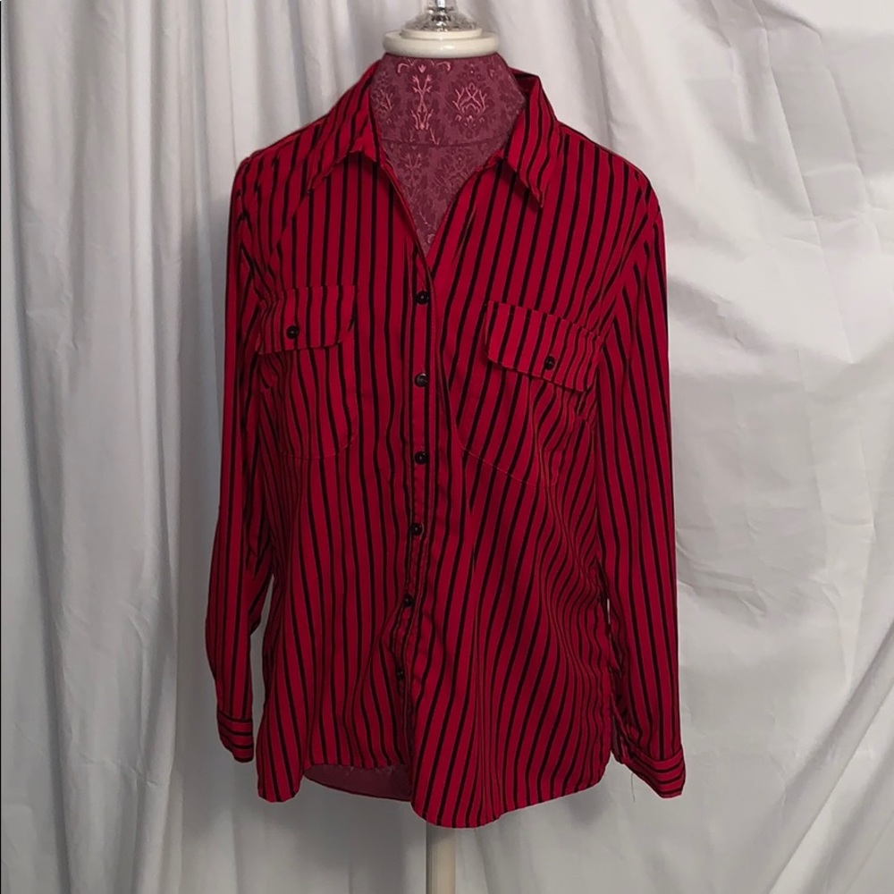 Red and black striped notations button down top L